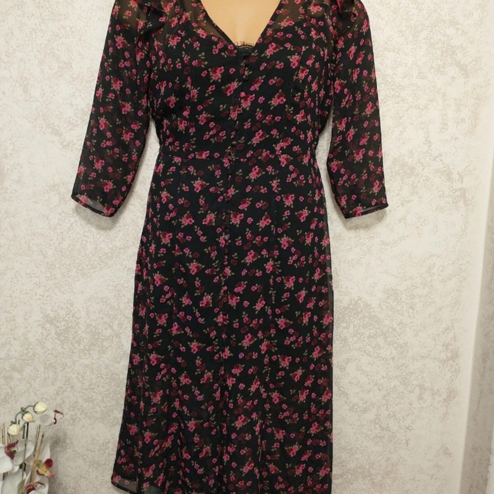 Express Long Sleeve Black Dress with Pink Floral Pattern